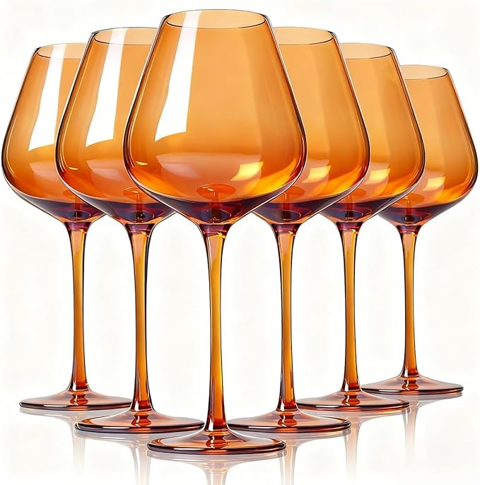 Physkoa Amber Brown Wine Glasses Set of 6-18oz Long Stemmed Dark Amber Wine Glass,Hand Blown Fall Wine Glasses