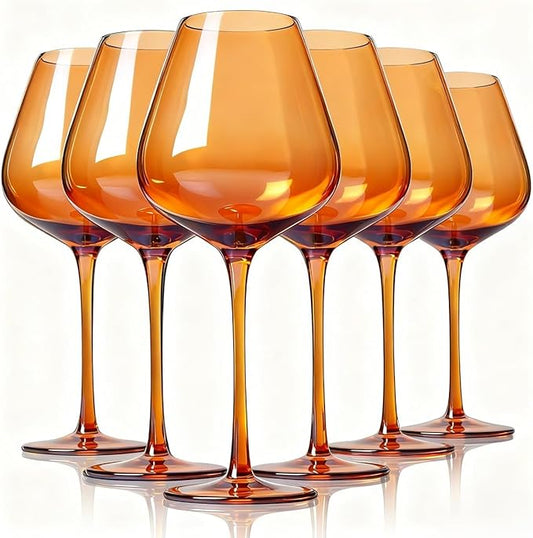 Physkoa Amber Brown Wine Glasses Set of 6-18oz Long Stemmed Dark Amber Wine Glass,Hand Blown Fall Wine Glasses