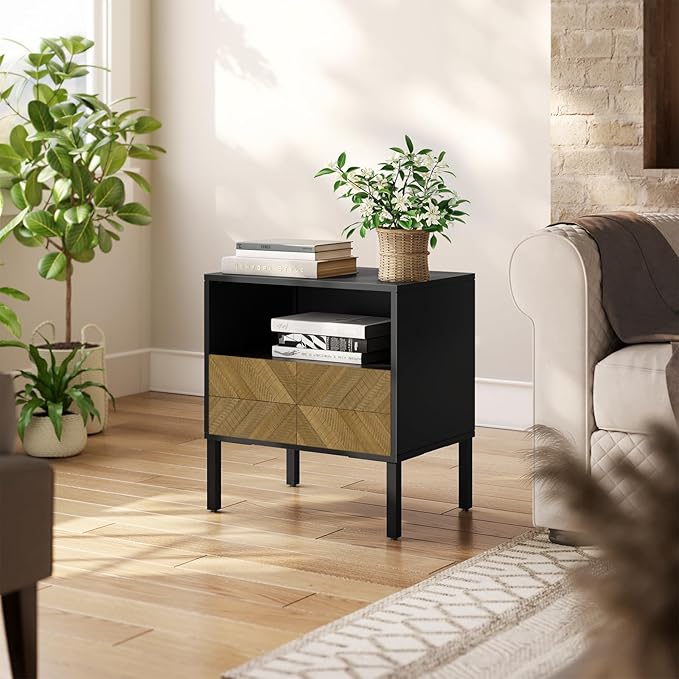Bme Vivian Solid Wood Nightstand, End Table, Bedside Table with Herringbone Pattern for Rustic Bedroom, Easy Assembly, Rustic Seadrift and Black