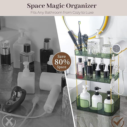 Aveniee Bathroom Counter Organizer,3 Tier Skincare Perfume Countertop Storage with Hair Dryer Rack and Toothbrush Holder, Cosmetic Makeup Tray for Vanity - Green