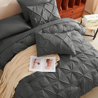 CozyLux King Size Comforter Set Dark Grey, 7 Pieces Pintuck Bed in A Bag Gray Comforter King Size, Pinch Pleat Bedding Set with All Season Comforter, Sheets, Pillowcases & Shams