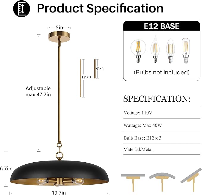 LamQee 20 Inch Oversized Large Pendant Lights, 3-Lights Black and Gold Modern Dome Chandelier, Industrial Metal Pendant Lighting Fixture Ceiling Hanging for Kitchen Island, Dining Room Over Table, Bar