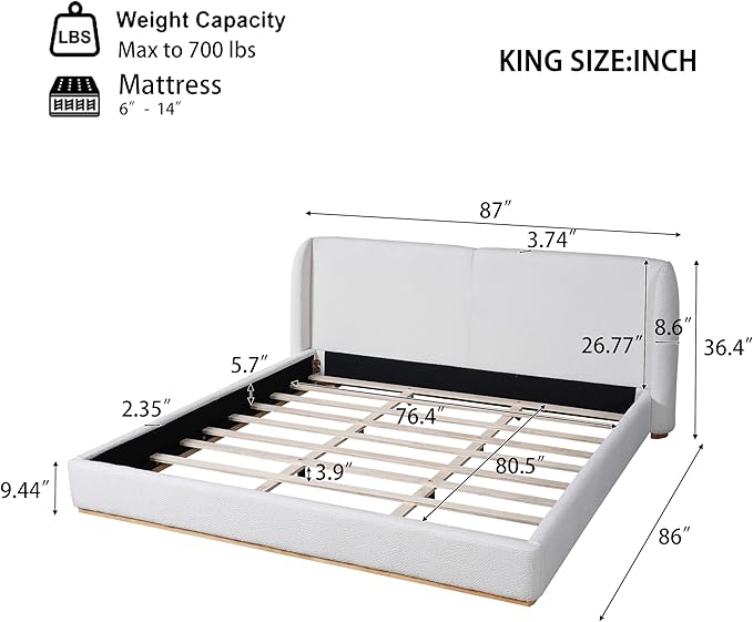 King Size Bed Frame, Upholstered Cloud Boucle Platform Beds Frames with Headboard, Anti-Collision Soft Rounded Corners Footboard, No Box Spring Required, Easy Assembly (36" White, King)