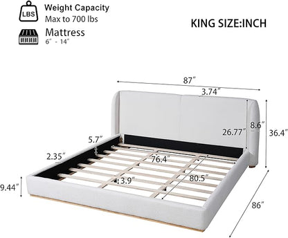 King Size Bed Frame, Upholstered Cloud Boucle Platform Beds Frames with Headboard, Anti-Collision Soft Rounded Corners Footboard, No Box Spring Required, Easy Assembly (36" White, King)