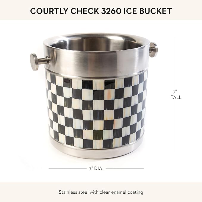 MACKENZIE-CHILDS 3260 Ice Bucket, Decorative Stainless-Steel Bucket and Ice-Cube Bin, Black-and-White Courtly Check