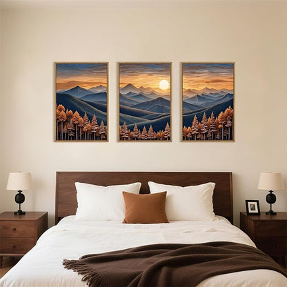 HOURIA Large Woodland Mountain Sunset Framed Canvas Wall Art Set,Wilderness Wooden Forest Landscape Wall Decor,Nature Botanical Artwork,Boho Pine Tree Art Print for Living Room,Bedroom- 16"x24"x3