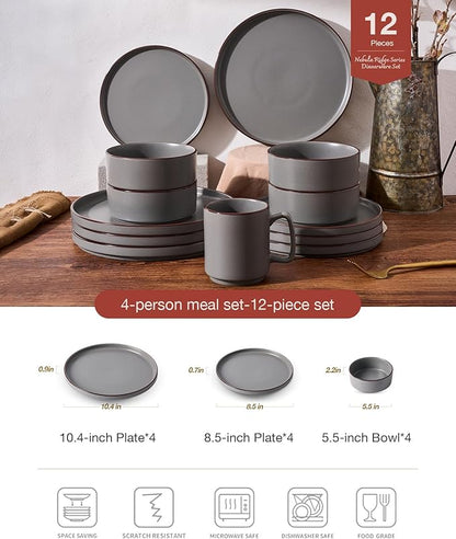 Famiware Nebula Ridge Stoneware Dinnerware Sets, Plates and Bowls Sets for 4, 12 Pieces Dishes Set, Microwave and Dishwasher Safe Kitchen Plates, Dark Gray