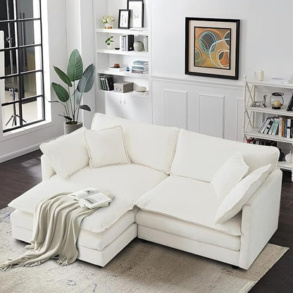 SoarFlash Chenille Sectional Sofa, Comfy L Shaped Modular Coush Sofa with Ottoman, Modern 2 Seat Couch Deep Seat Sofa Set for Living Room,White