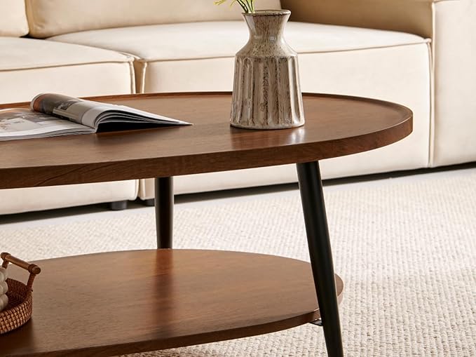 Saint Mossi Modern Coffee Table for Living Room, Mid-Century Oval Wood Coffee Table, Double Layer Center Table for Small Space, D47xW23.6xH15, Espresso