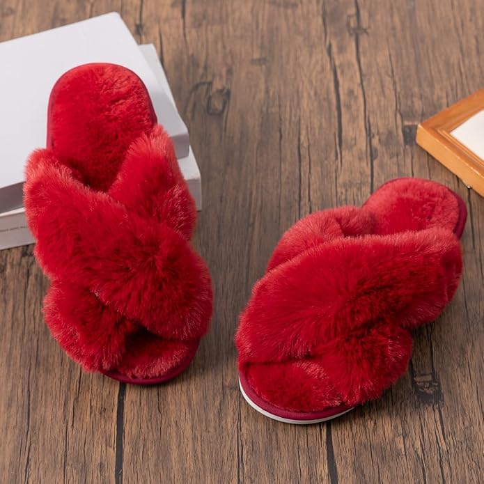Women's Slipper Memory Foam Cross Band Fuzzy Slippers Open Toe Cozy House Slippers Cozy Plush Bedroom Indoor Outdoor