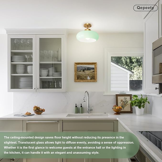 Mid Century Modern Ceiling Lamp 1-Light Gold Ceiling Light Classic Green Glass Shade Vintage Design Glass Flush Mount Lights for Hallway Living Room Kitchen (Mint Green)