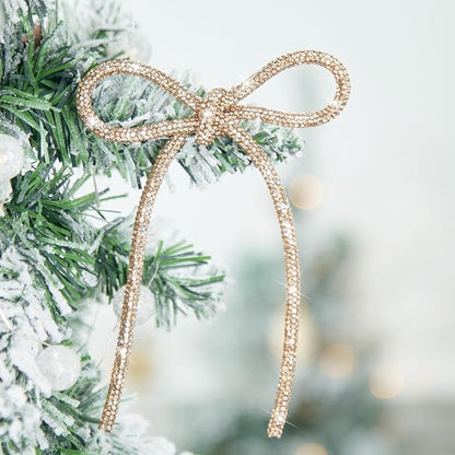 FLAIR GIFTS 6 Pcs 2025 Christmas Bows Ornaments, Champagne Gold Sparkly Glitter Rhinestone Bow Ornaments with Twist Tie for Xmas Tree Decoration, Wreath, Garland, Gift Wrapping