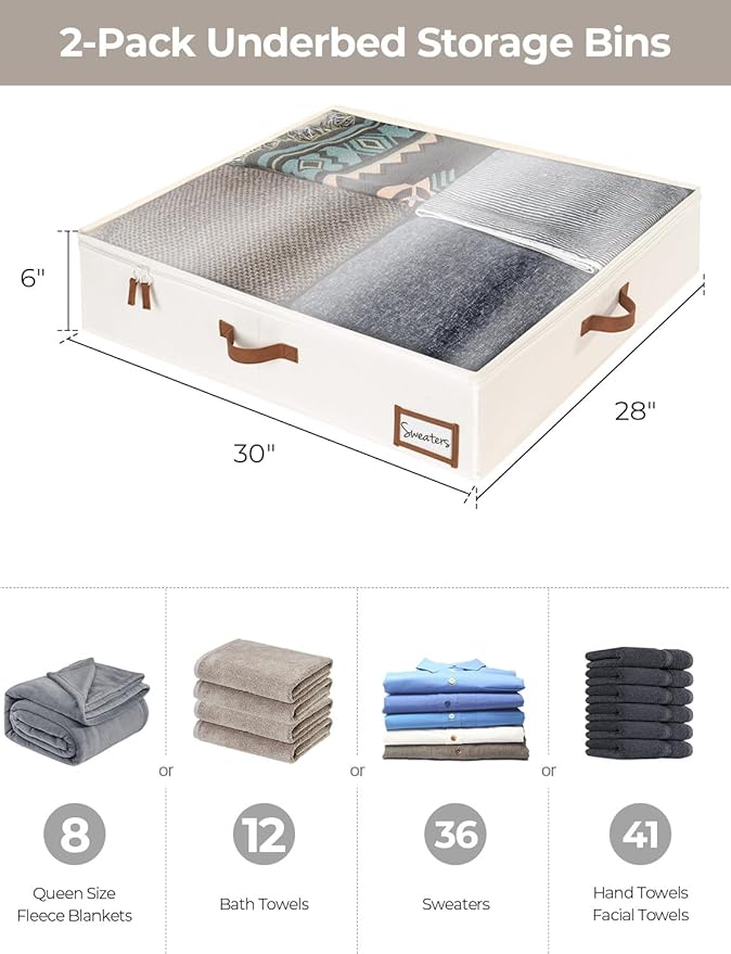 StorageWorks Underbed Storage Box, Under Bed Clothes Organizer With Sturdy Structure and Ultra Thick Fabric, 30" L x 28" W x 6" H, 2 pack