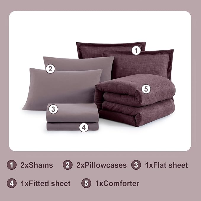 Geniospin Purple Queen Comforter Set - 7 Pieces Egglant Comforter Queen Size, Solid Bedding Set for All Season, Textured Bed in a Bag with Sheets