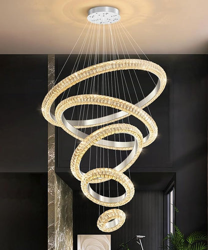 5 Ring Large Crystal Chandelier Modern LED Dimmable High Ceiling Chandelier Ring Contemporary Pendant Light Fixture for Living Room Foyer Staircase Gold D40''