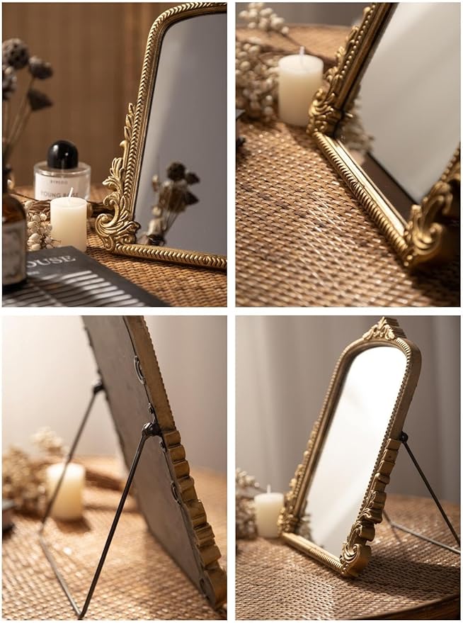 Small Vintage Vanity Makeup Desk Mirror Antique Traditional Chic Arch Table Mirror Gold，Decor Wood Framed Small Standing Carved Arendahl Mirror for Living Room,Bedroom,Tabletop 11.8" x 9.6"