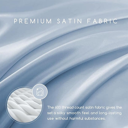 MR&HM Satin Bed Sheets with Elastic Corner Straps, King Size Sheets Set, 4 Pcs Silky Bedding Set with 15 Inches Deep Pocket for Mattress (King, Blue Haze)