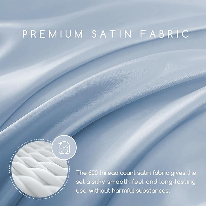 MR&HM Satin Bed Sheets with Elastic Corner Straps, Queen Size Sheets Set, 4 Pcs Silky Bedding Set with 15 Inches Deep Pocket for Mattress (Queen, Blue Haze)