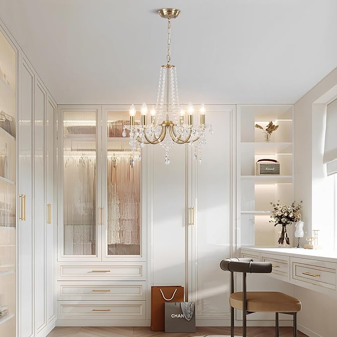 Crystal Gold Chandeliers for Dining Room, Modern Crystal Brass Chandelier Light Fixture, Vintage Pendant Light for Living Room Bedroom Bathroom Entryway Hallway E12 Bulbs D19 in x H24 in