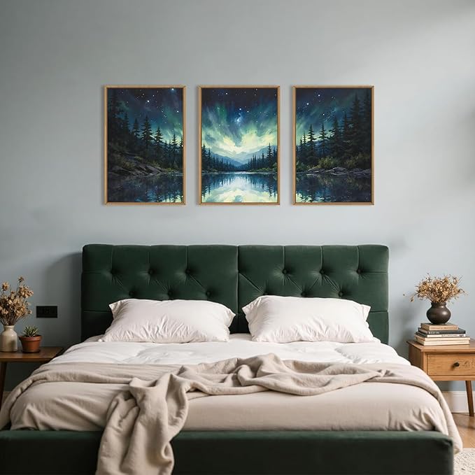 HOURIA Northern Lights Forest Lake Framed Canvas Wall Art Set,Aurora Borealis Mountain Wall Decor,Night Sky Reflective Water Artwork,Modern Wilderness Landscape Prints for Living Room,Office-24"x36"x3
