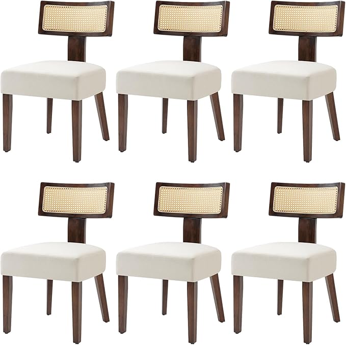 Rattan Dining Chairs Set of 6, Mid-Century Modern Fabric Dining Room Chairs with Brown Hardwood Frame, Upholstered Curved Backrest Kitchen Chair Armless for Living Room (Cream)