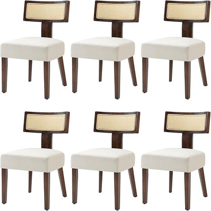 Rattan Dining Chairs Set of 6, Mid-Century Modern Fabric Dining Room Chairs with Brown Hardwood Frame, Upholstered Curved Backrest Kitchen Chair Armless for Living Room (Cream)