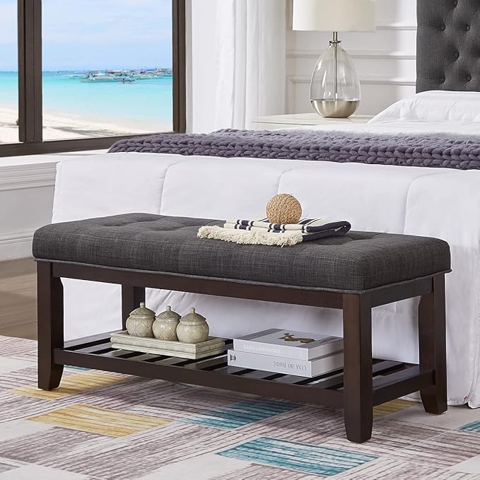 24KF Large Rectangular Upholstered Tufted Linen Ottoman Bench, Padded Bench with Solid Wood Shelf-Dark Gray