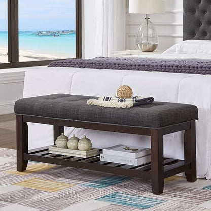 24KF Large Rectangular Upholstered Tufted Linen Ottoman Bench, Padded Bench with Solid Wood Shelf-Dark Gray