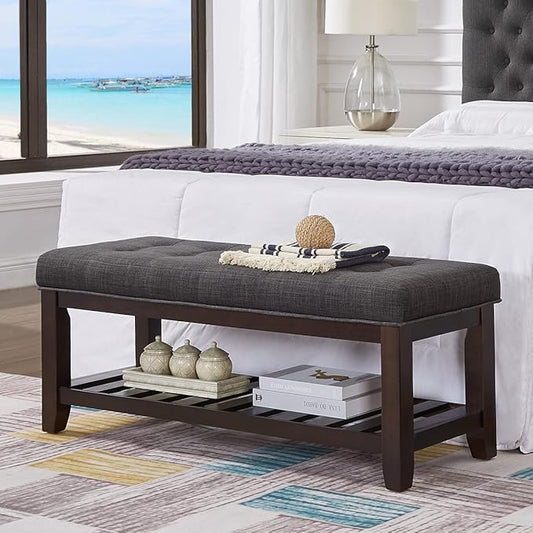 24KF Large Rectangular Upholstered Tufted Linen Ottoman Bench, Padded Bench with Solid Wood Shelf-Dark Gray