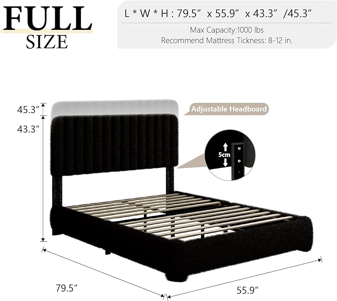 Full Size Boucle Bed Frame, Upholstered Cloud Platform Bed Frame with Adjustable Headboard, Vertical Tufted, Soft Rounded Corners, No Box Spring Needed, Noise Free Design, Easy Assembly, Black