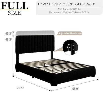 Full Size Boucle Bed Frame, Upholstered Cloud Platform Bed Frame with Adjustable Headboard, Vertical Tufted, Soft Rounded Corners, No Box Spring Needed, Noise Free Design, Easy Assembly, Black