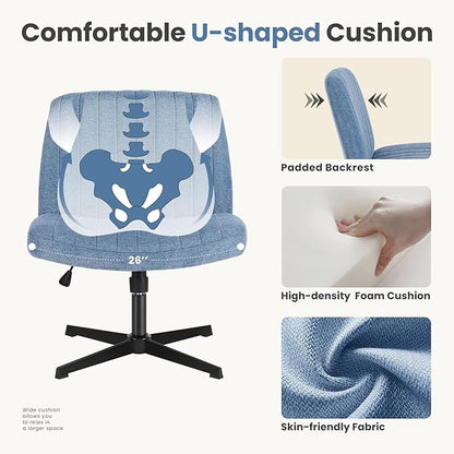 DUMOS Desk Chair No Wheels, Criss Cross Chair Wide Cross Legged Desk Vanity Comfy Chair, Armless Adjustable Swivel Chairs for Home Computer Task Blue