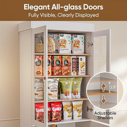 Vyre 70.8" Tall White Bookshelf with Glass Doors, Farmhouse Modular Bookcase with 6-Tier Adjustable Shelves, Large Storage Cabinet for Home Office, Living Room