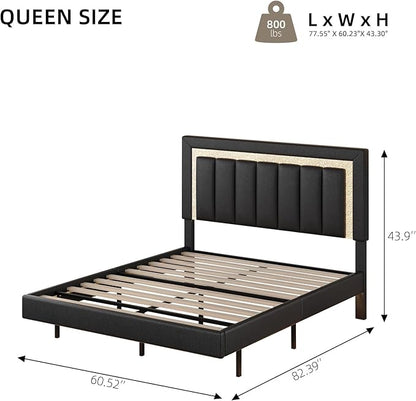 HOMBCK Floating Bed Frame Queen with Smart LED Lights, Faux Leather Upholstered Bed Frame Queen Size with Diamond Headboard, No Box Spring Needed, Noise Free, Easy Assembly, Black
