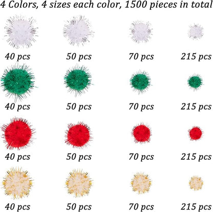 BQTQ 1500 Pieces Christmas Pom Pom Balls Glitter Tinsel Pom Pom for Craft Making and Christmas Decorations (4 Sizes, Gold, White, Green, Red)