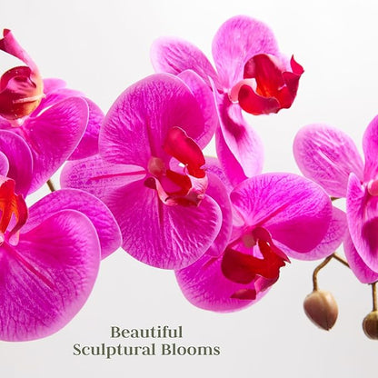 Faux Pink Orchid Plant, Premium Artificial Indoor Flower Display Stands 25-Inches with Beautiful Sculptural Blooms and Foliage That Lasts Forever, Grey Planter Pot Included