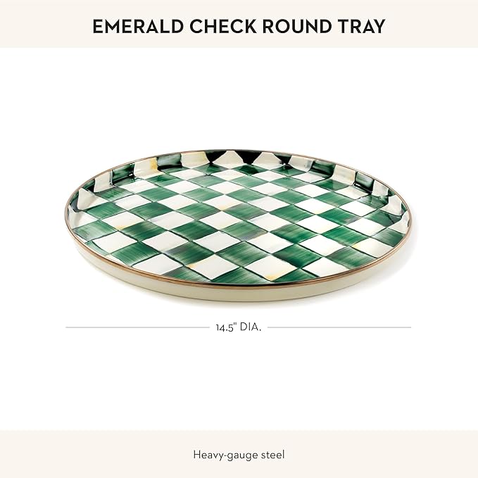 MACKENZIE-CHILDS Enamel Round Tray, Unique Serving Platter for Food and Drinks, Green-and-White Emerald Check