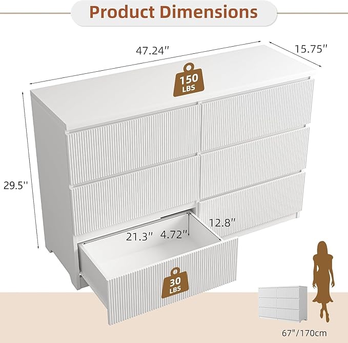 Fluted 6 Drawers Dresser,Modern Large Wood Dresser,Chest of Drawers for Bedroom, Living Room,Hallway,Entryway,TV Stand Drawer Organizer(Fluted White)