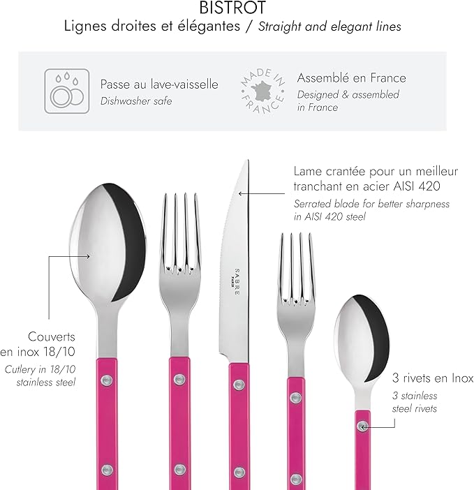 5-Piece Flatware Set - Bistrot Collection - Knife, Fork, Soup Spoon, Teaspoon & Dessert Fork - Stainless Steel & Nylon - Dishwasher Safe - Raspberry - Brilliant Finish