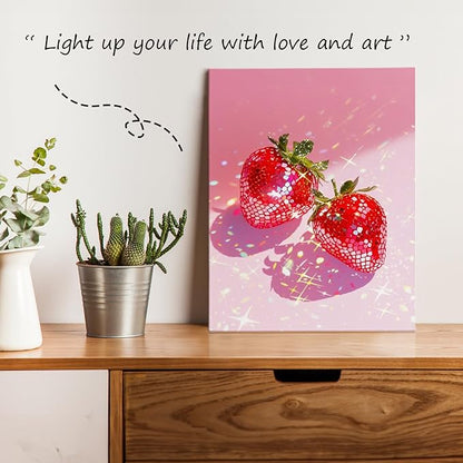 APJYM Funky Y2K Disco Ball Strawberry Wall Art, Trendy Retro 70s Preppy Pink Girly Strawberry Aesthetic Canvas Wall Art for Girls Room Bedroom Dorm Apartment Decor, 11x14 Inches Framed