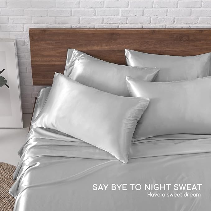 MR&HM Satin Bed Sheets, King Size Sheets Set, 6 Pcs Silky Bedding Set with 15 Inches Deep Pocket for Mattress (King, Silver Grey)