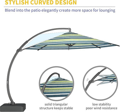 Kingdura 11ft Offset Cantilever Patio Umbrella with Base Included, Large Round Aluminum Outdoor Umbrella with 100% Acrylic Fabric, 360° Rotation & Infinite Tilt for Deck Pool Backyard, Green Stripes