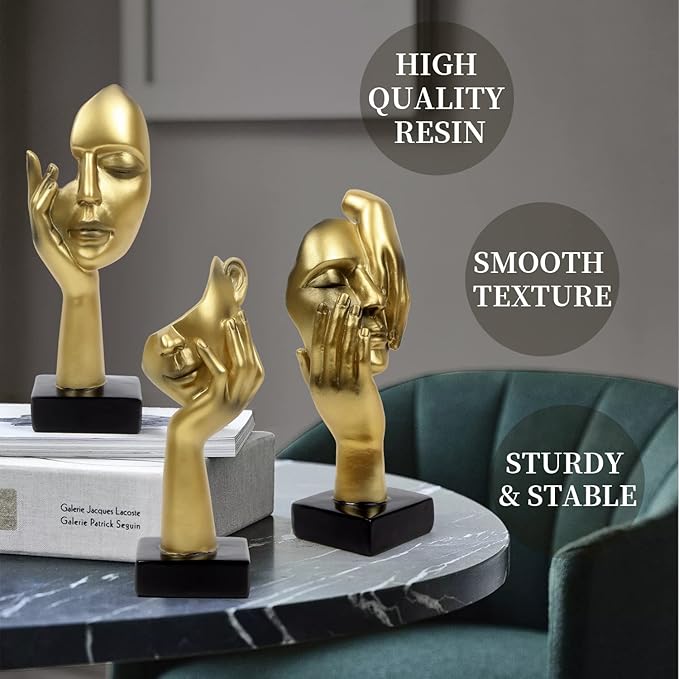 3 Pcs Thinker Statue,Modern Home Resin Sculptures, Decorative Objects Collectible Figurines for Home Office Bookshelf Desktop Decor(Golden)