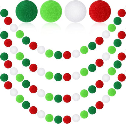 MARFOREVER 4 Pack 26.3 Feet Christmas Pom Pom Garland Ornaments Red White Green 30 Balls Christmas Felt Ball Garland Hanging Supplies for Xmas School Classroom Fireplace Wall Home Party Decor
