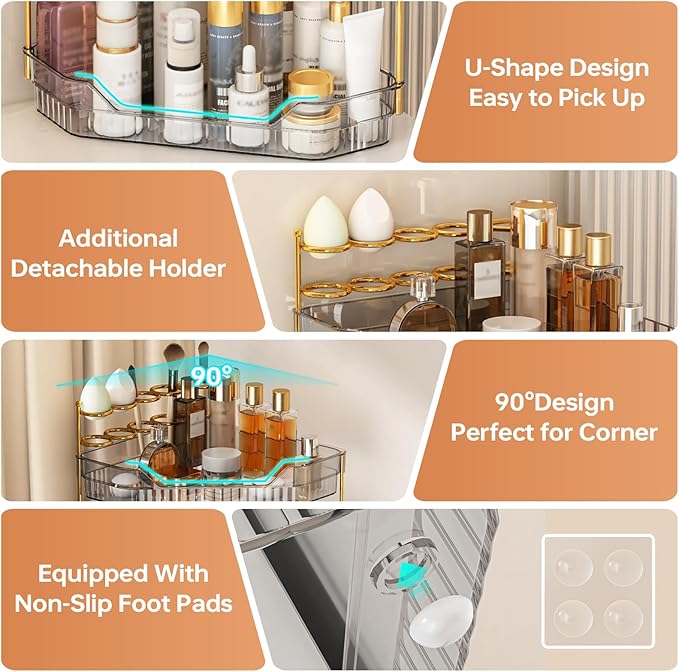 Corner Bathroom Counter Organizer with Makeup Brush Holder & Toothbrush Holders, Makeup Organizer for Vanity Countertop, Acrylic Skincare Storage Shelf (Grey, 2-Tier)