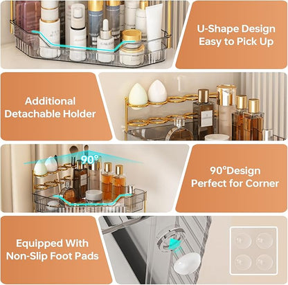 Corner Bathroom Counter Organizer with Makeup Brush Holder & Toothbrush Holders, Makeup Organizer for Vanity Countertop, Acrylic Skincare Storage Shelf (Grey, 2-Tier)