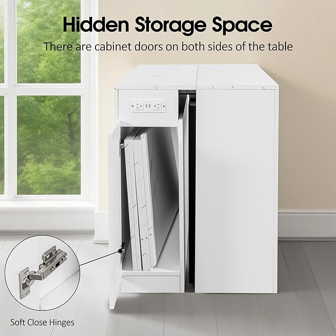 24''- 118'' Extendable Dining Room Table, Expandable Dining Table, Modern Large Table, for 2-12 Person(with Cabinet & Outlet), White Marble