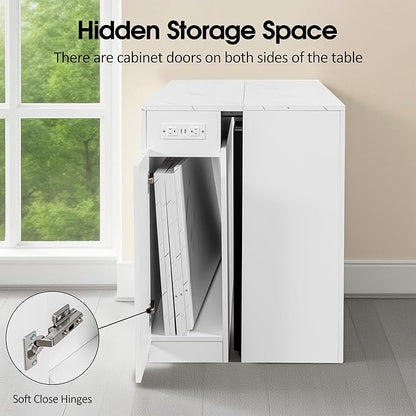 24''- 118'' Extendable Dining Room Table, Expandable Dining Table, Modern Large Table, for 2-12 Person(with Cabinet & Outlet), White Marble