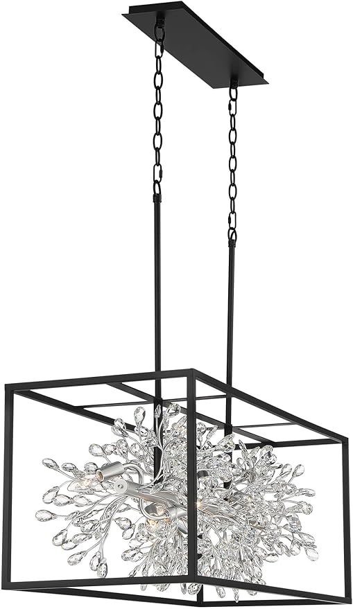 Possini Euro Design Carrine Black Silver Metal Rectangle Linear Pendant Chandelier 38 1/2" Wide Modern Clear Crystal Flower Vine 8-Light Fixture for Kitchen Island Dining Room House High Ceilings