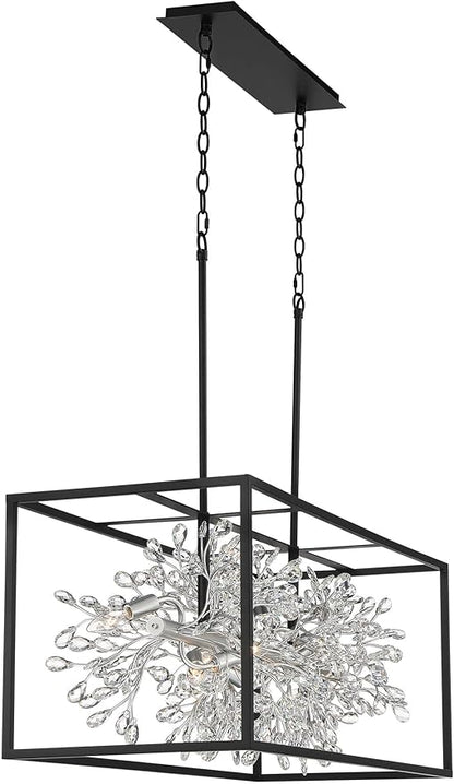 Possini Euro Design Carrine Black Silver Metal Rectangle Linear Pendant Chandelier 38 1/2" Wide Modern Clear Crystal Flower Vine 8-Light Fixture for Kitchen Island Dining Room House High Ceilings
